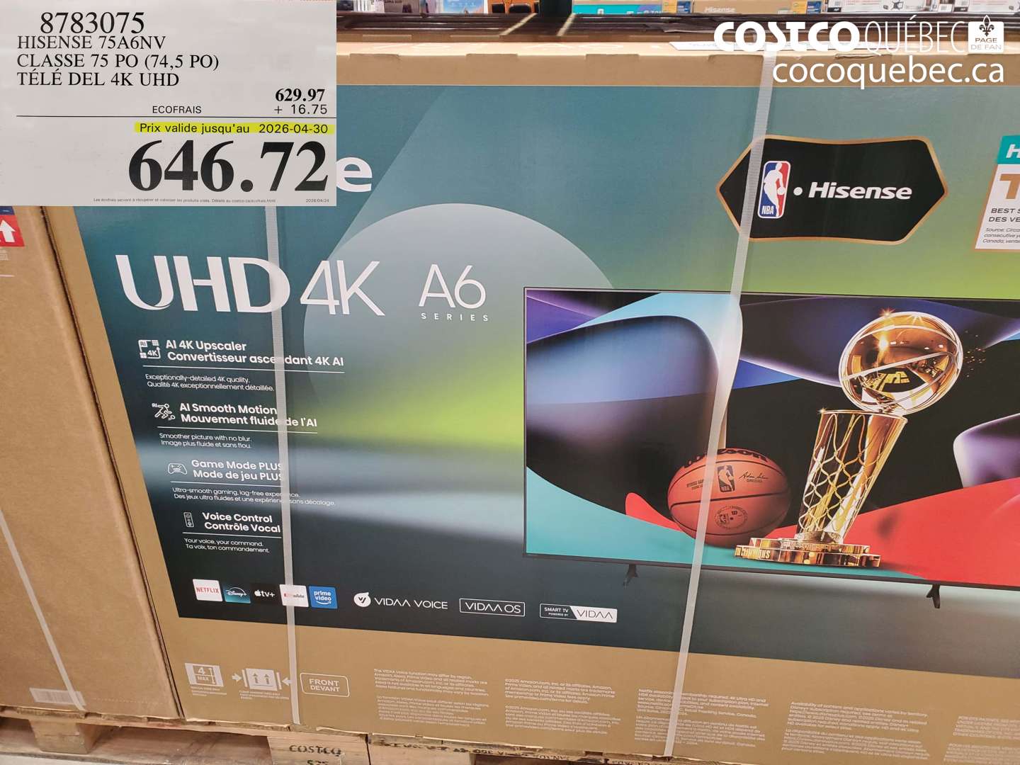 8783075 HISENSE 75A6NV CLASSE 75 PO (74,5 PO) TELE DEL 4K UHD (EXPIRES ON 2026-04-30) $646.72