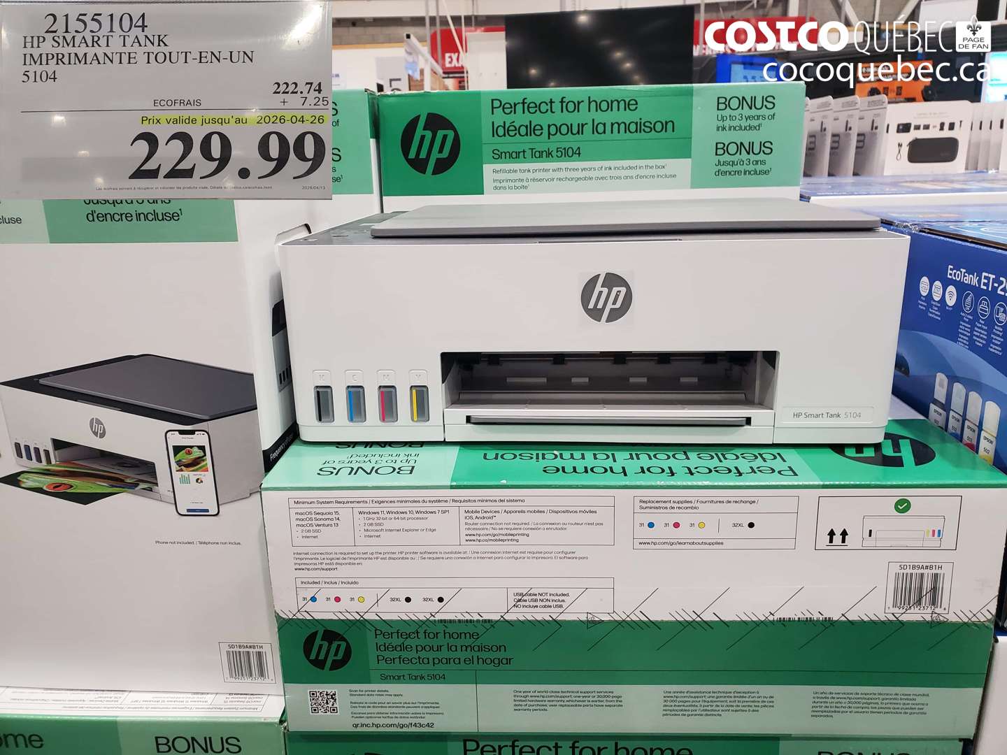 2155104 HP SMART TANK IMPRIMANTE TOUT-EN-UN 5104 (EXPIRES ON 2026-04-26) $229.99