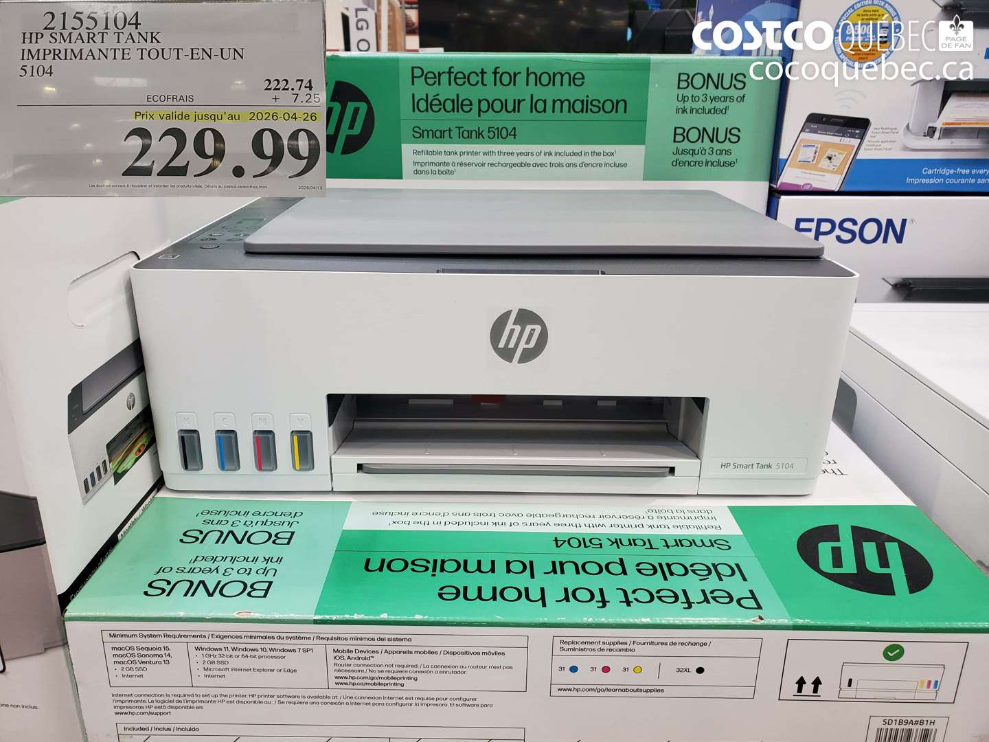 2155104 HP SMART TANK IMPRIMANTE TOUT-EN-UN 5104 (EXPIRES ON 2026-04-26) $229.99