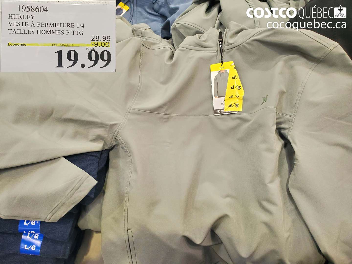 1958604 HURLEY VESTE À FERMETURE 1/4 TAILLES HOMMES ($9.00 INSTANT SAVINGS EXPIRES ON 2026-04-12) $19.99