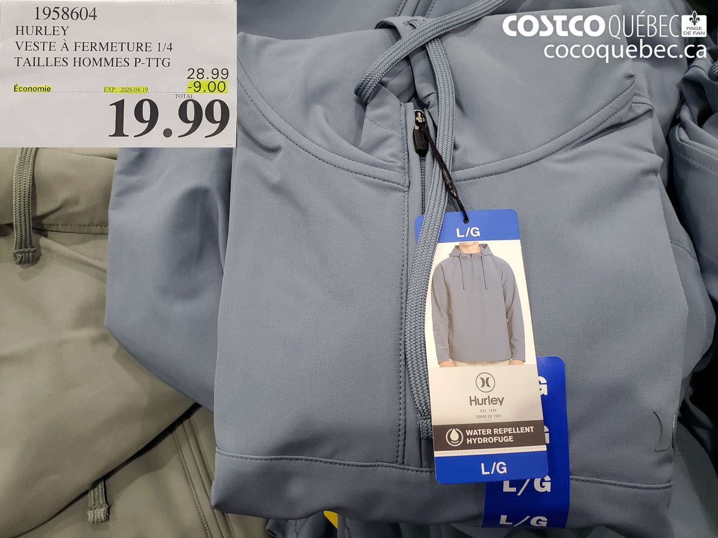 1958604 HURLEY VESTE À FERMETURE 1/4 TAILLES HOMMES P-PTG ($9.00 INSTANT SAVINGS EXPIRES ON 2026-04-19) $19.99