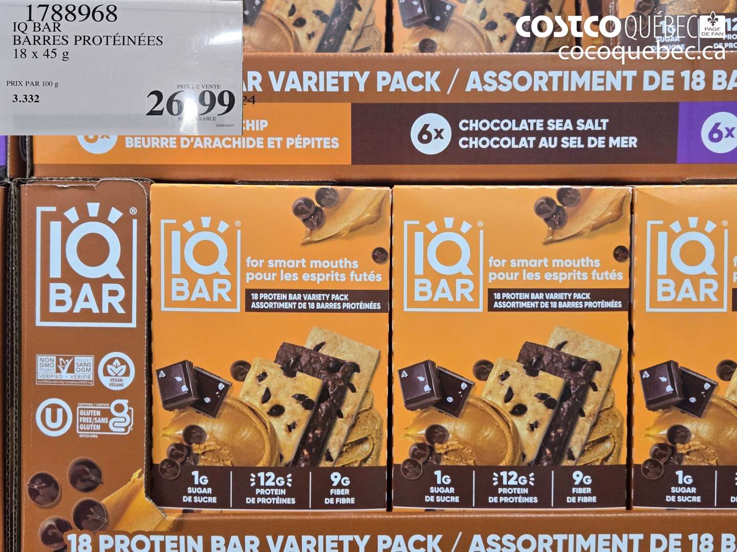 1788968 IQ BAR BARRES PROTÉINÉES 18 X 45 G $26.99