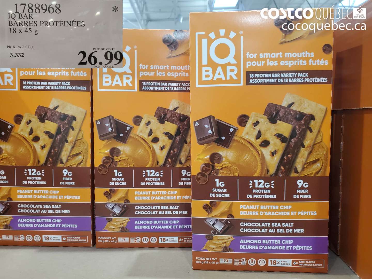 1788968 IQ BAR BARRES PROTÉINÉES 18 X 45 G $26.99