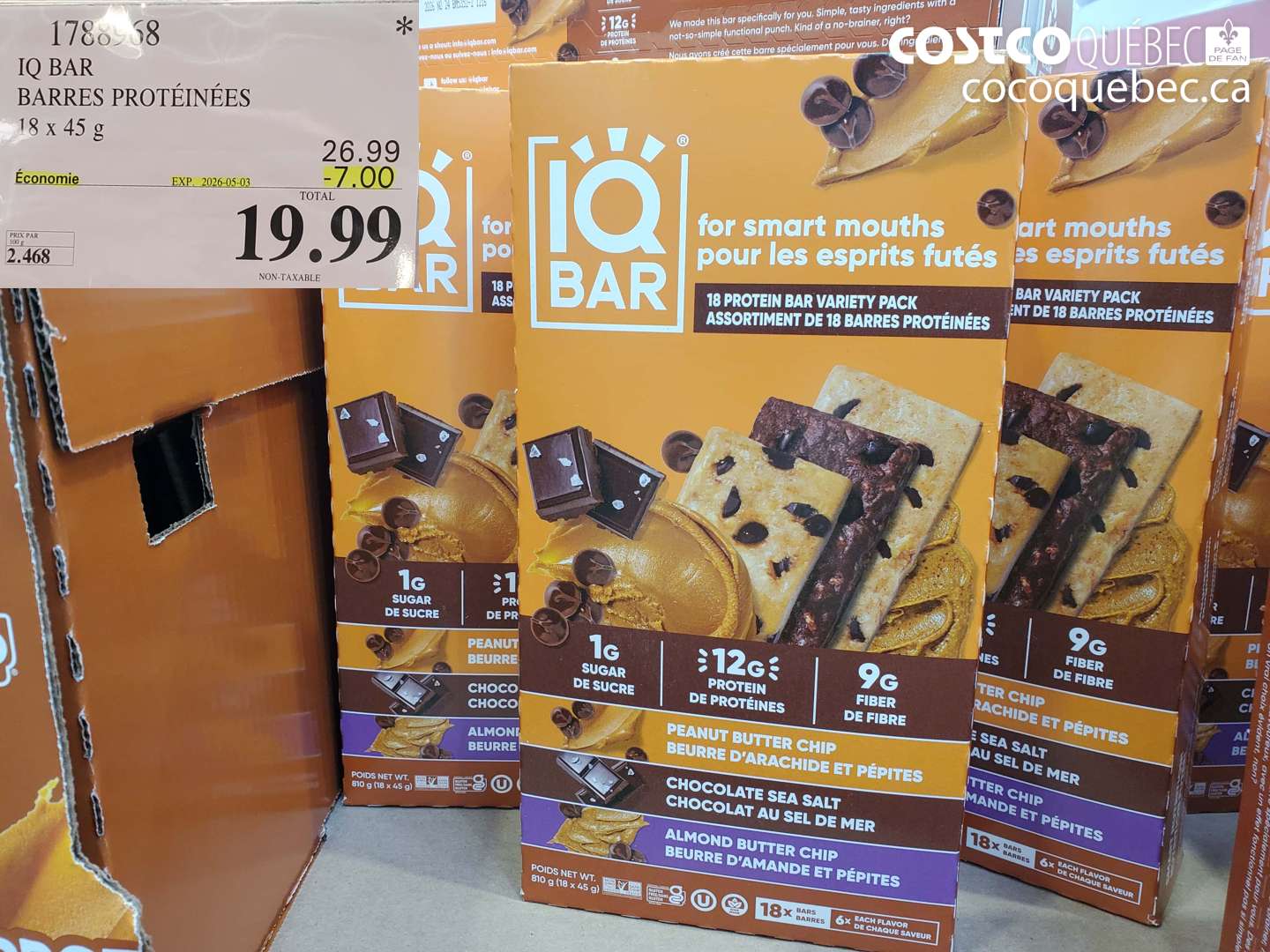 1788968 IQ BAR BARRES PROTÉINÉES 18 x 45 G ($7.00 INSTANT SAVINGS EXPIRES ON 2026-05-03) $19.99