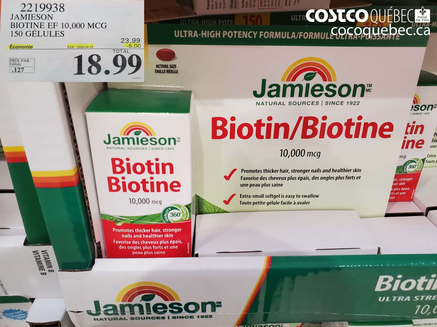 2219938 JAMIESON BIOTINE EF 10,000 MCG 150 GÉLULES ($5.00 INSTANT SAVINGS EXPIRES ON 2026-04-19) $18.99