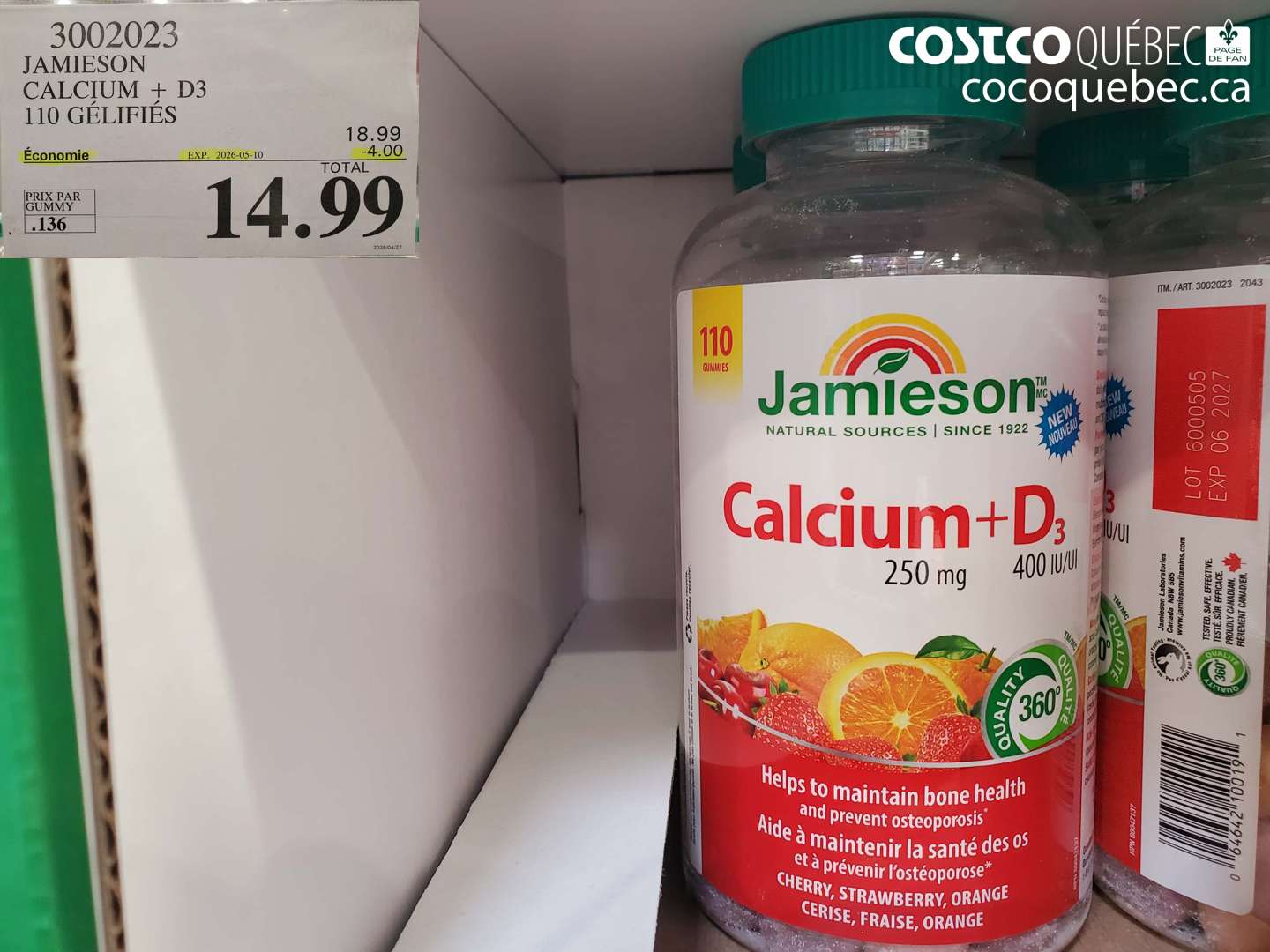 3002023 JAMIESON CALCIUM + D3 110 GÉLIFIÉS ($4.00 INSTANT SAVINGS EXPIRES ON 2026-05-10) $14.99