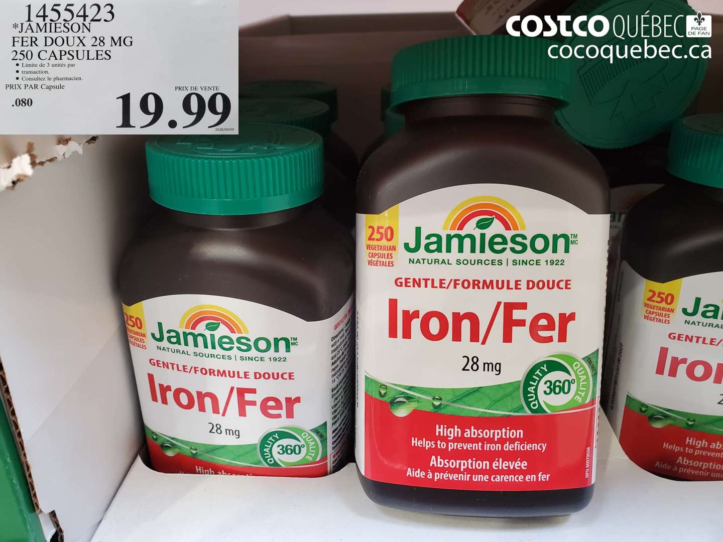 1455423 JAMIESON FER DOUX 28 MG 250 CAPSULES $19.99