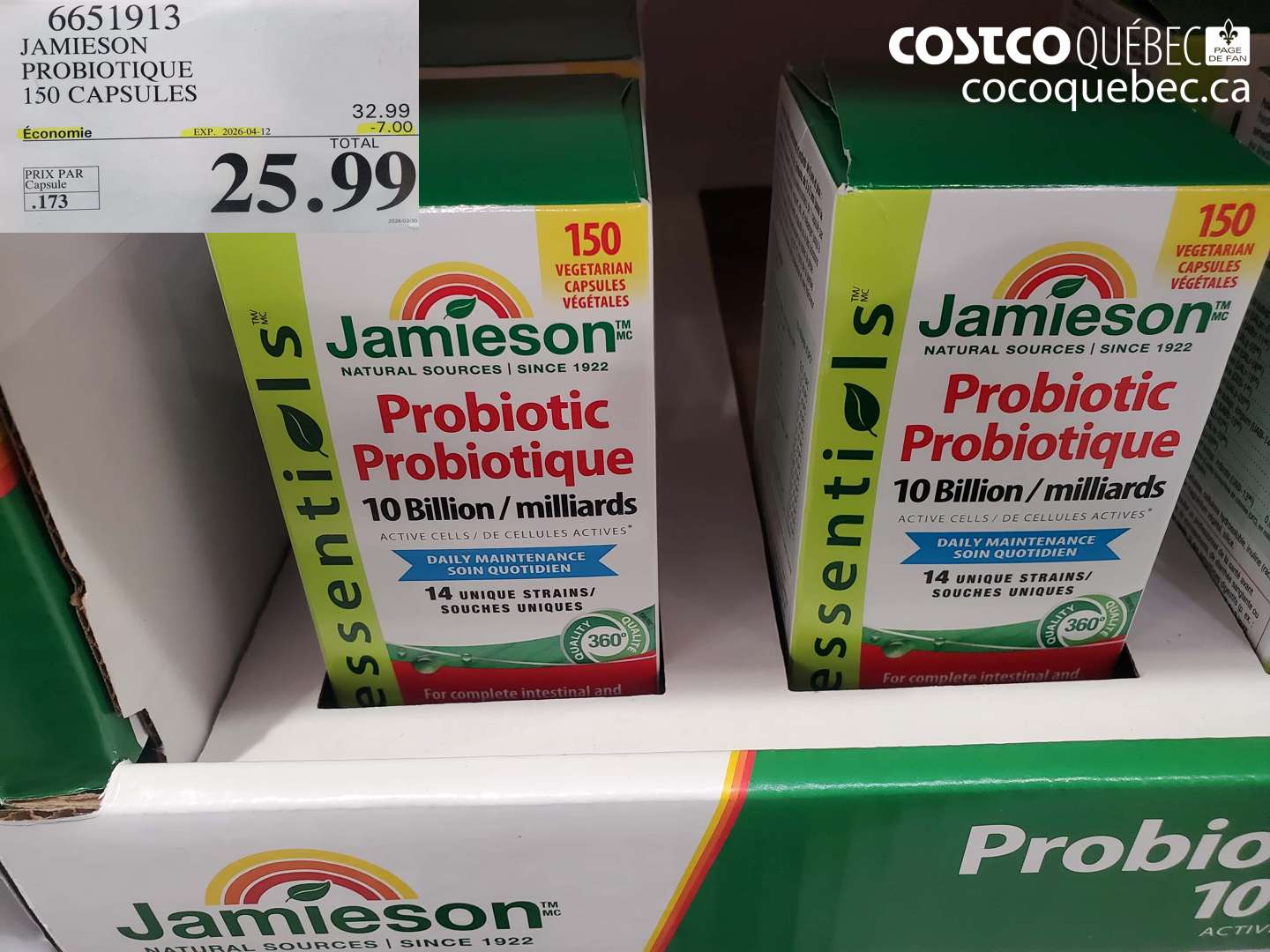 6651913 JAMIESON PROBIOTIQUE 150 CAPSULES ($7.00 INSTANT SAVINGS EXPIRES ON 2026-04-12) $25.99