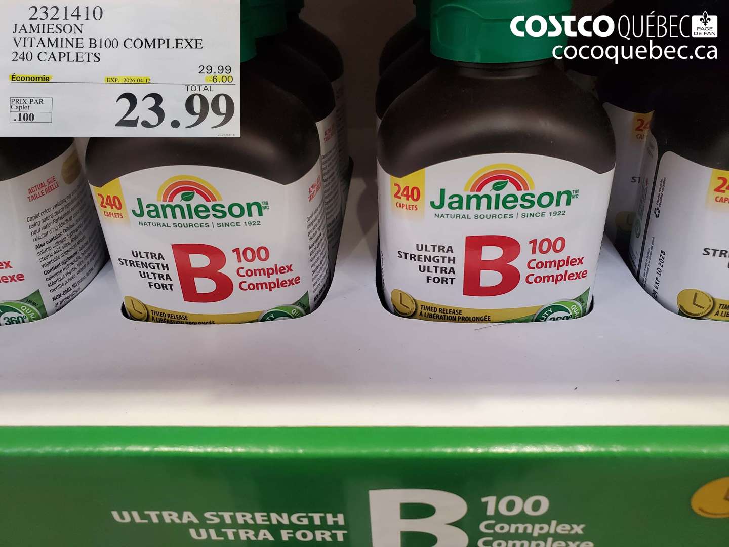 2321410 JAMIESON VITAMINE B100 COMPLEXE 240 CAPLETS ($6.00 INSTANT SAVINGS EXPIRES ON 2026-04-12) $23.99