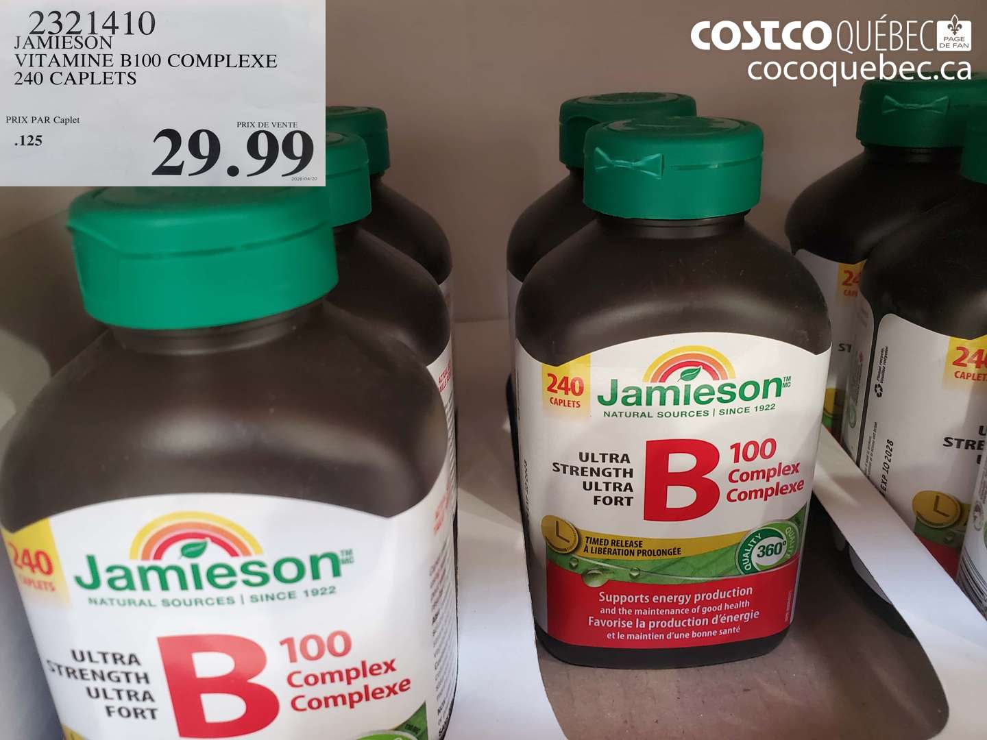2321410 JAMIESON VITAMINE B100 COMPLEXE 240 CAPLETS $29.99