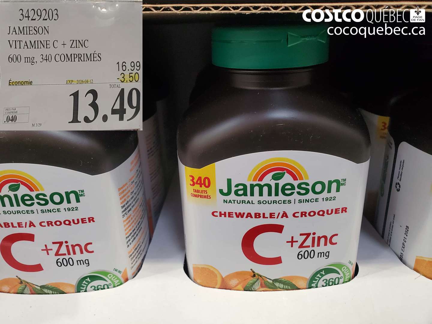 3429203 JAMIESON VITAMINE C + ZINC 600 MG, 340 COMPRIMÉS ($3.50 INSTANT SAVINGS EXPIRES ON 2026-04-12) $13.49