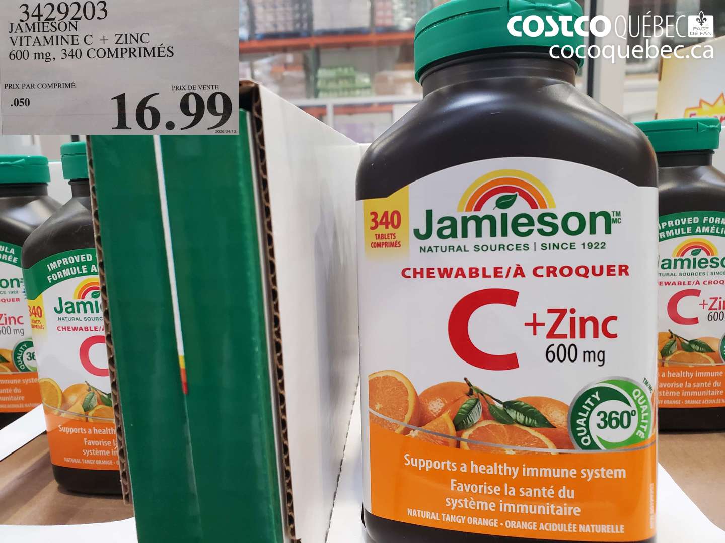 3429203 JAMIESON VITAMINE C + ZINC 600 MG, 340 COMPRIMÉS $16.99