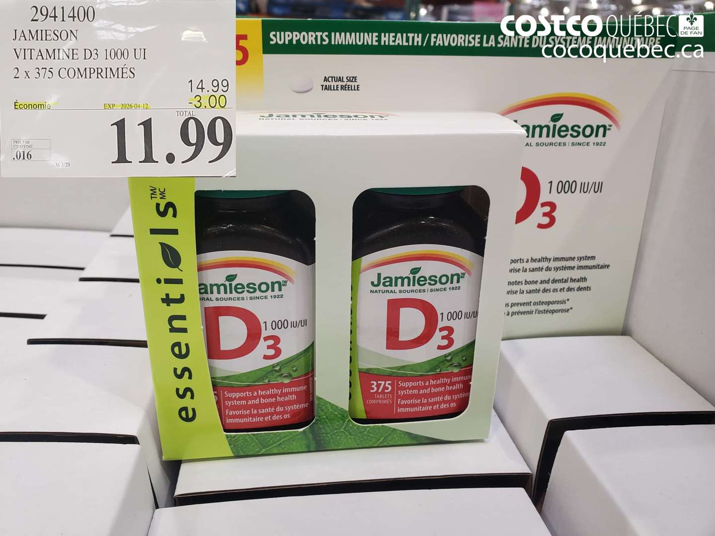2941400 JAMIESON VITAMINE D3 1000 UI 2 X 375 COMPRIMÉS ($3.00 INSTANT SAVINGS EXPIRES ON 2026-04-12) $11.99