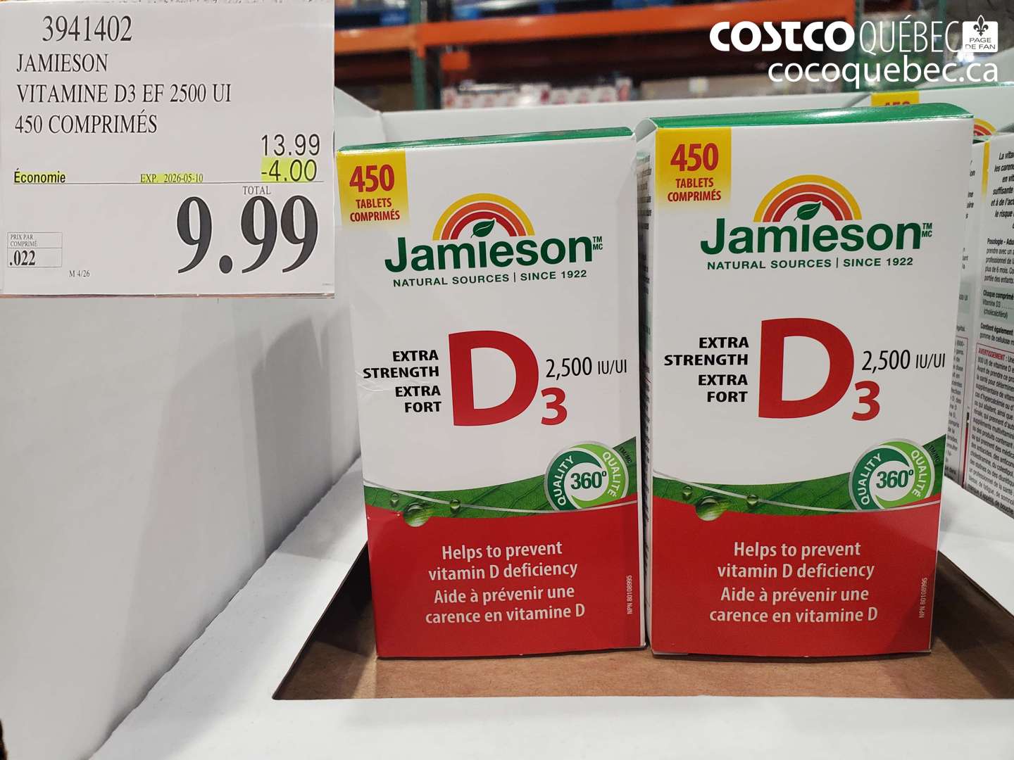 3941402 JAMIESON VITAMINE D3 EF 2500 UI 450 COMPRIMÉS ($4.00 INSTANT SAVINGS EXPIRES ON 2026-05-10) $9.99