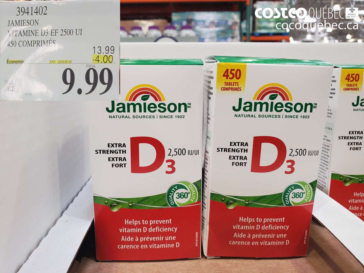 3941402 JAMIESON VITAMINE D3 EF 2500 UI 450 COMPRIMÉS ($4.00 INSTANT SAVINGS EXPIRES ON 2026-05-10) $9.99
