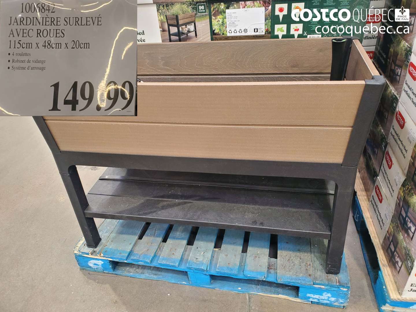 1006842 JARDINIERE SURLEVEE AVEC ROUES 115CM X 48CM X 20CM $149.99