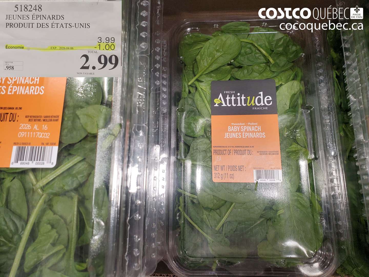 518248 JEUNES ÉPINARDS PRODUIT DES ÉTATS-UNIS ($1.00 INSTANT SAVINGS EXPIRES ON 2026-04-06) $2.99