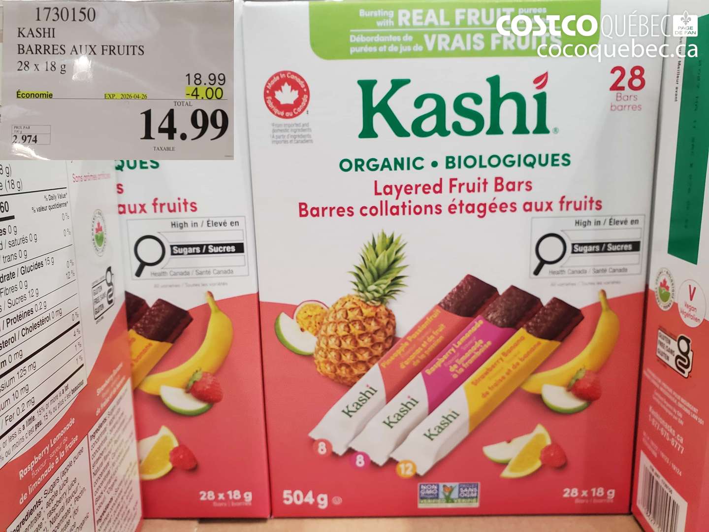 1730150 KASHI BARRES AUX FRUITS 28 X 18 G ($4.00 INSTANT SAVINGS EXPIRES ON 2026-04-26) $14.99