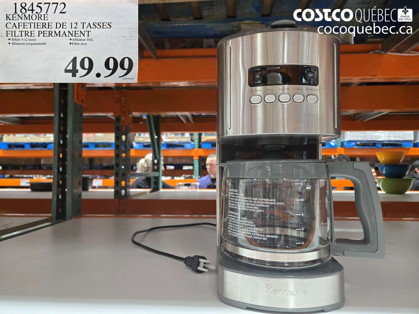 18457772 KENMORE CAFFETIERE DE 12 TASSES FILTRE PERMANENT $49.99