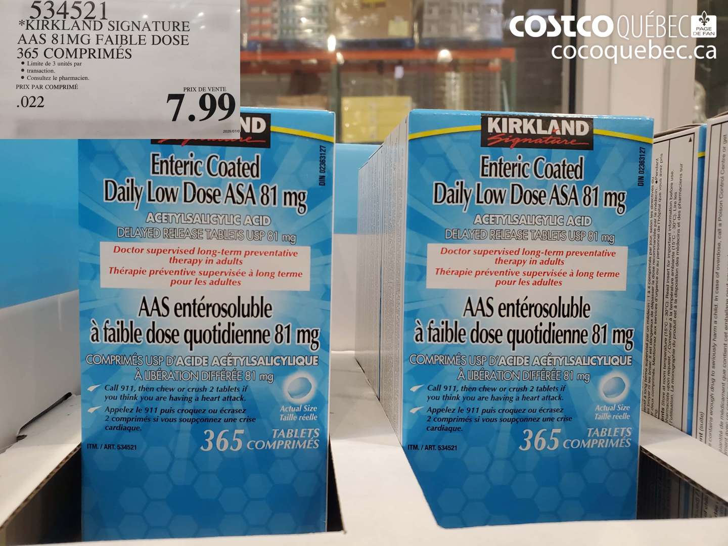 534521 KIRKLAND SIGNATURE AAS 81MG FAIBLE DOSE 365 COMPRIMÉES $7.99