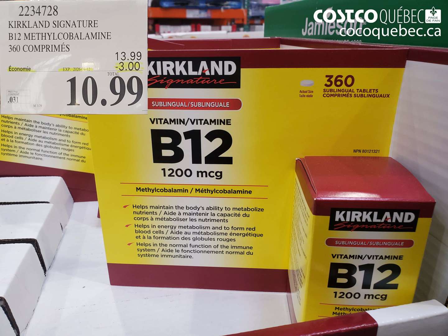 2234728 KIRKLAND SIGNATURE B12 METHYLCOBALAMINE 360 COMPRIMÉS ($3.00 INSTANT SAVINGS EXPIRES ON 2026-04-12) $10.99