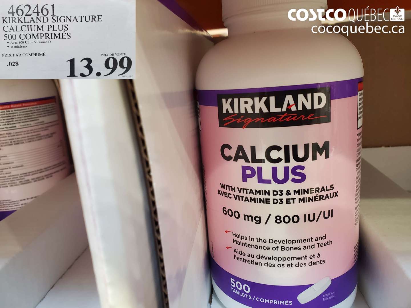462461 KIRKLAND SIGNATURE CALCIUM PLUS 500 COMPRIMÉS $13.99