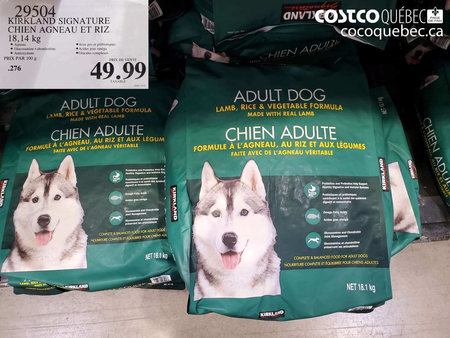29504 KIRKLAND SIGNATURE CHIEN AGNEAU ET RIZ 18,14 KG $49.99