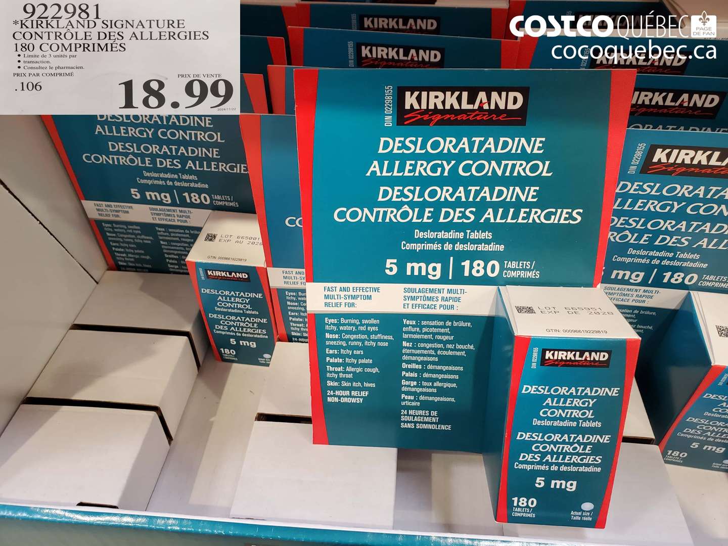 922981 KIRKLAND SIGNATURE CONTRÔLE DES ALLERGIES 180 COMPRIMÉS $18.99