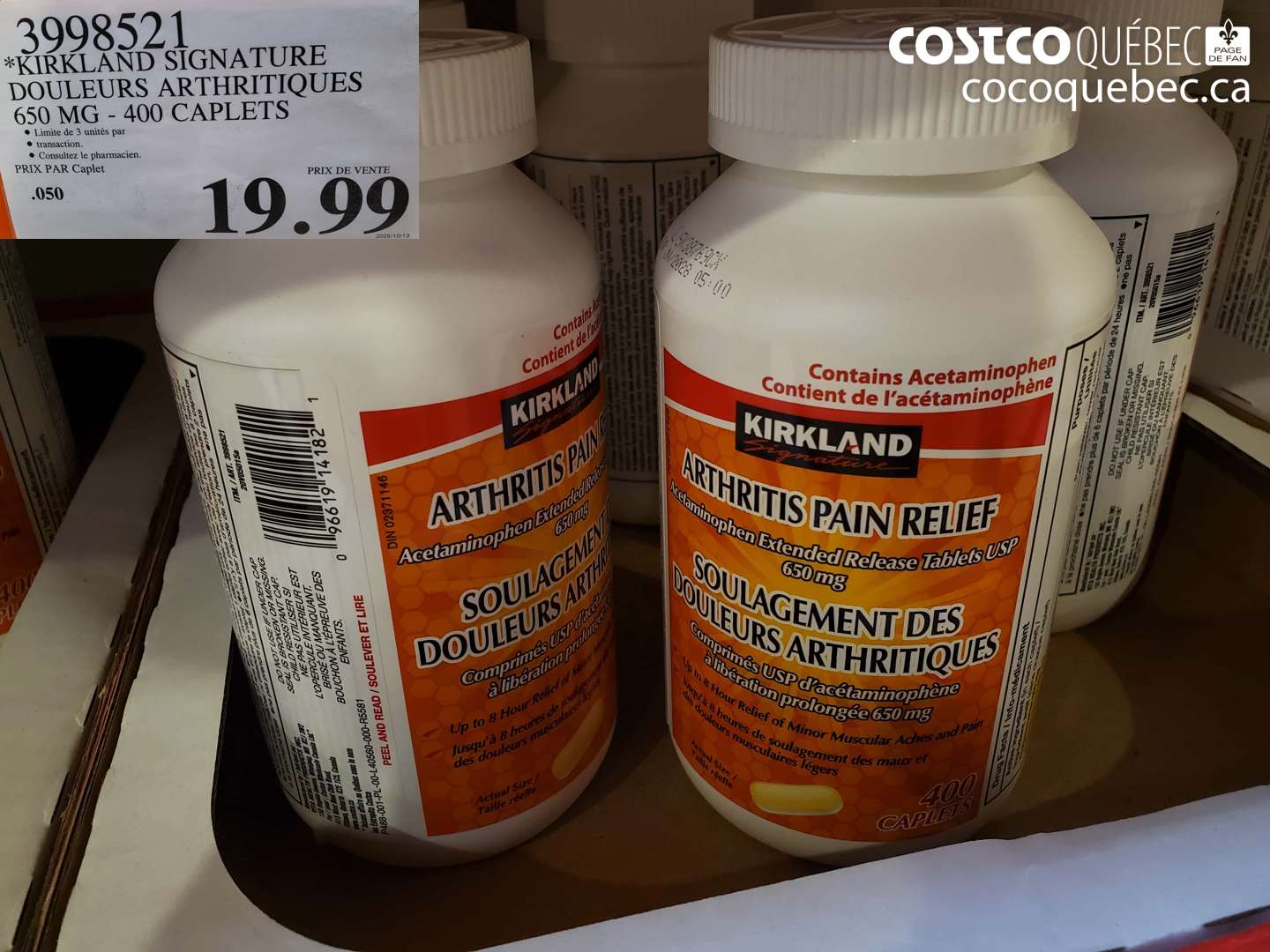 3998521 KIRKLAND SIGNATURE DOULEURS ARTHRITIQUES 650 MG - 400 CAPLETS $19.99