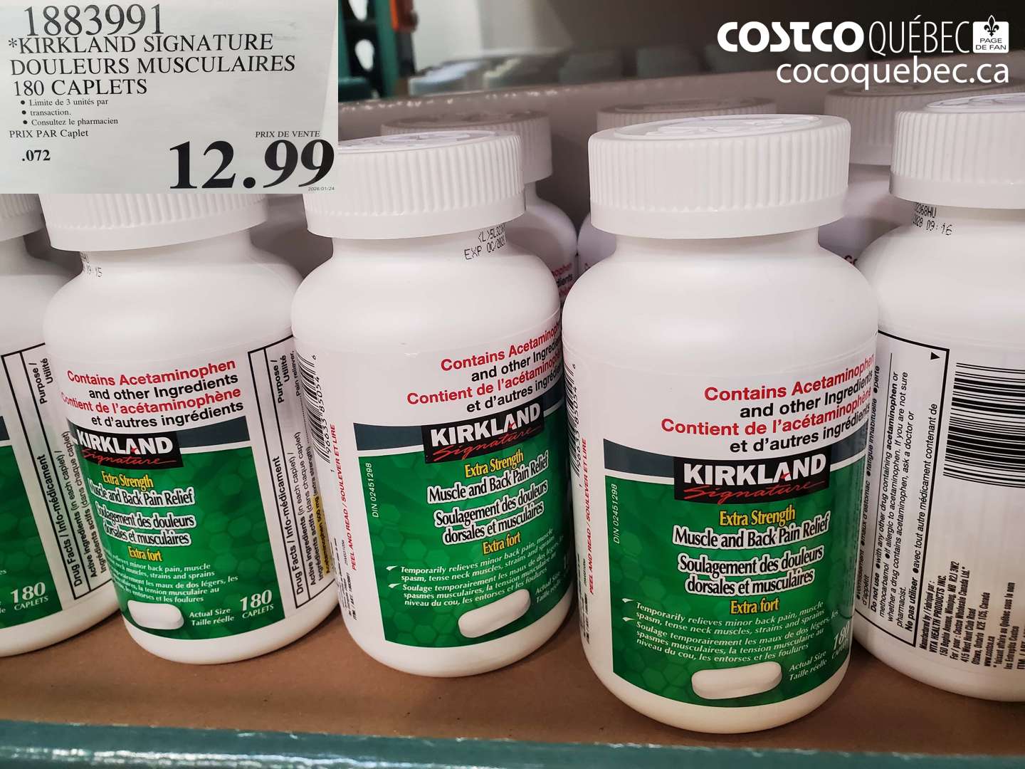 1883991 KIRKLAND SIGNATURE DOULEURS MUSCULAIRES 180 CAPLETS $12.99