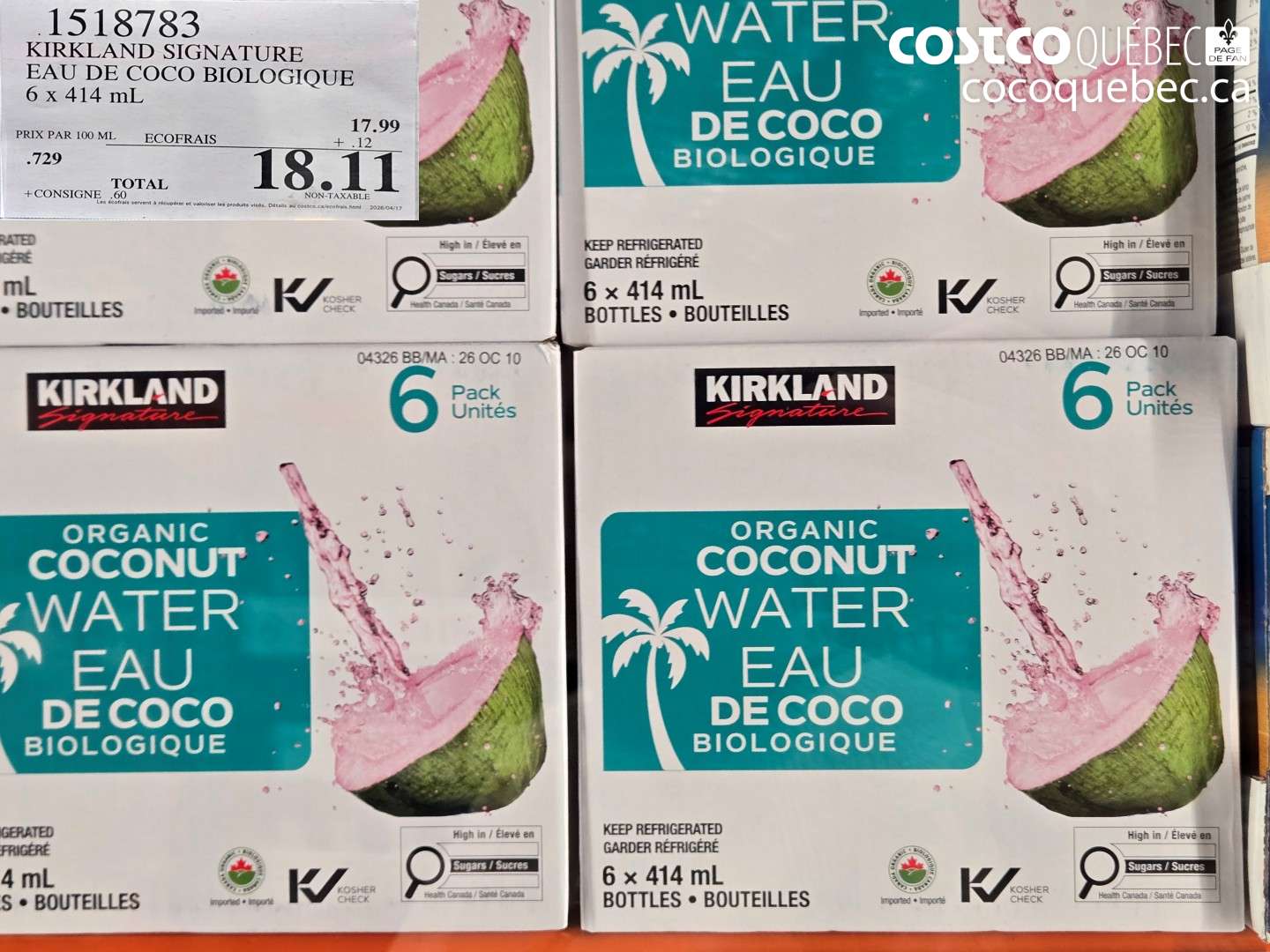 1518783 KIRKLAND SIGNATURE EAU DE COCO BIOLOGIQUE 6 X 414 ML $18.11