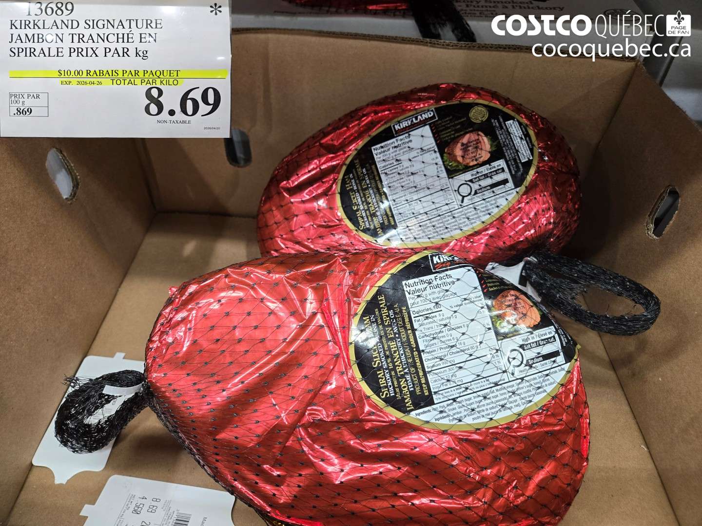 13689 KIRKLAND SIGNATURE JAMBON TRANCHE EN SPIRALE PRIX PAR KG ($10.00 INSTANT SAVINGS)