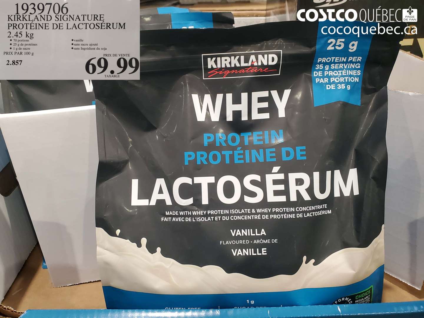 1939706 KIRKLAND SIGNATURE PROTEINE DE LACTOSÉRUM 2.45 KG $69.99