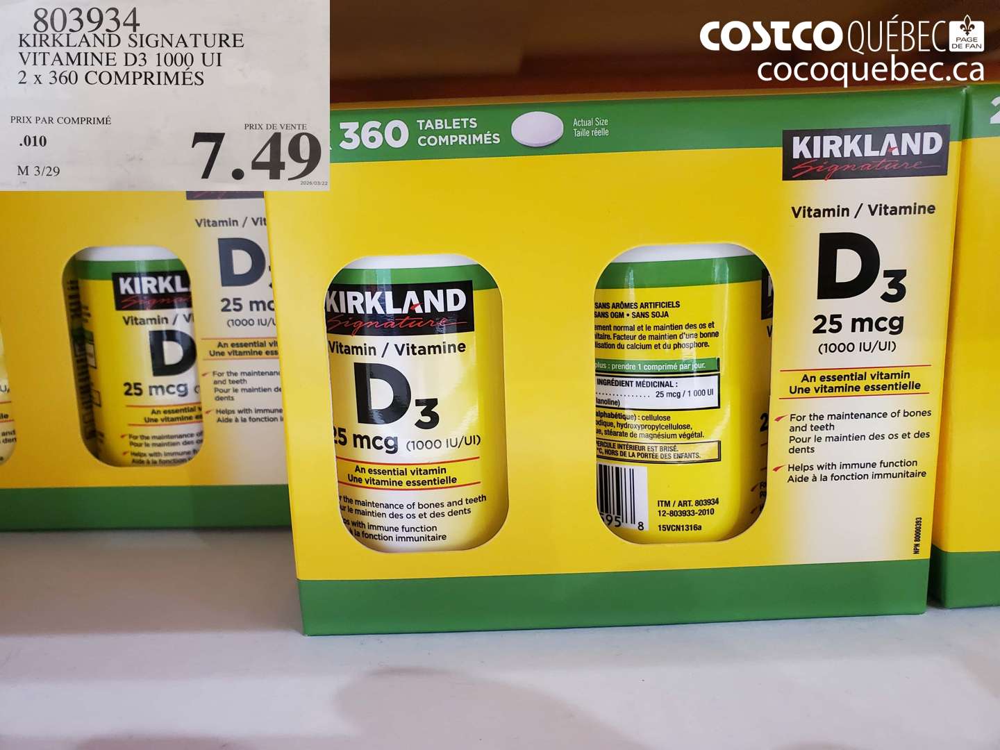 803934 KIRKLAND SIGNATURE VITAMINE D3 1000 UI 2 X 360 COMPRIMÉS $7.49