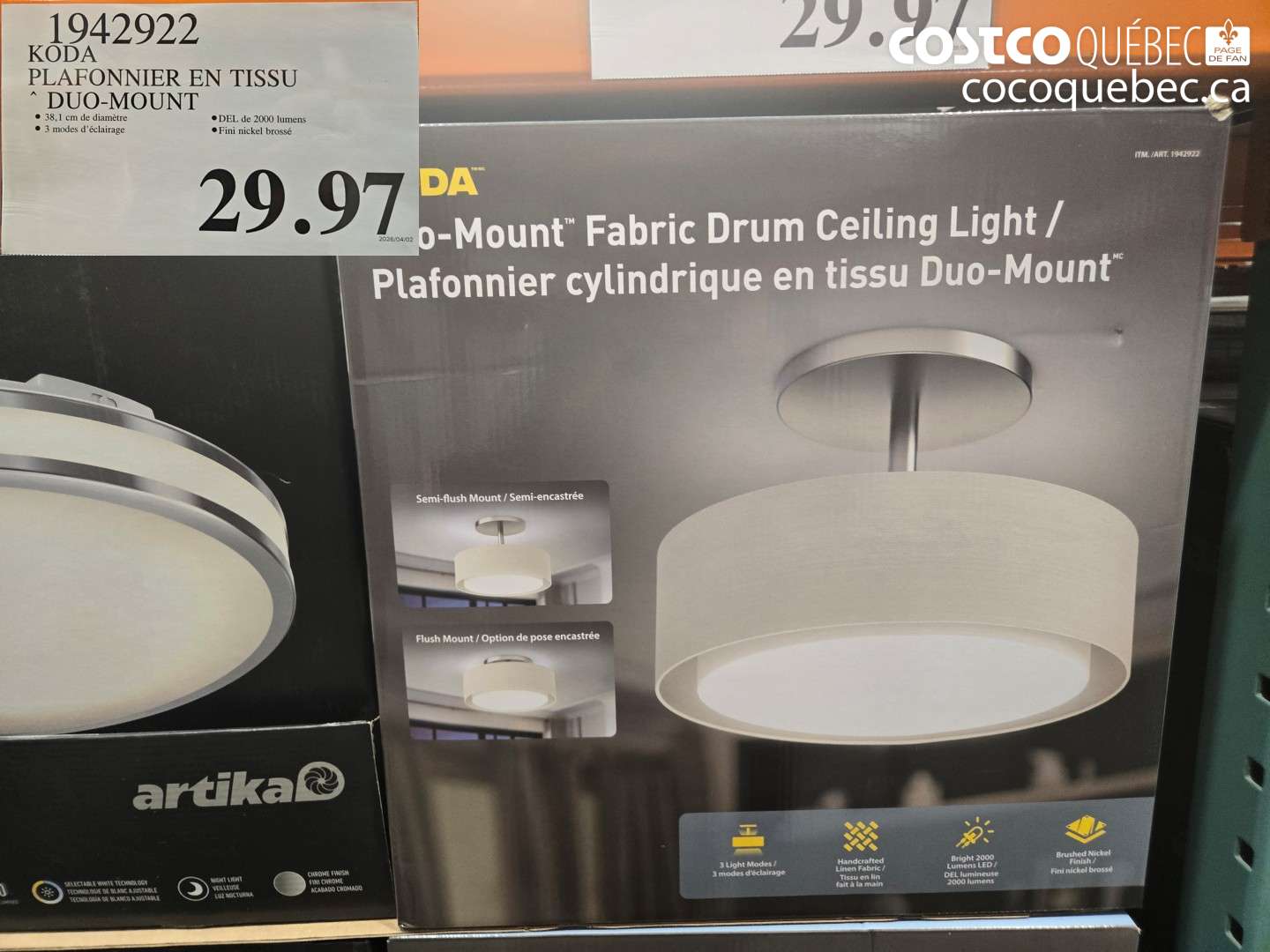 19429922 KODA PLAFONNIER EN TISSU DUO-MOUNT $29.97