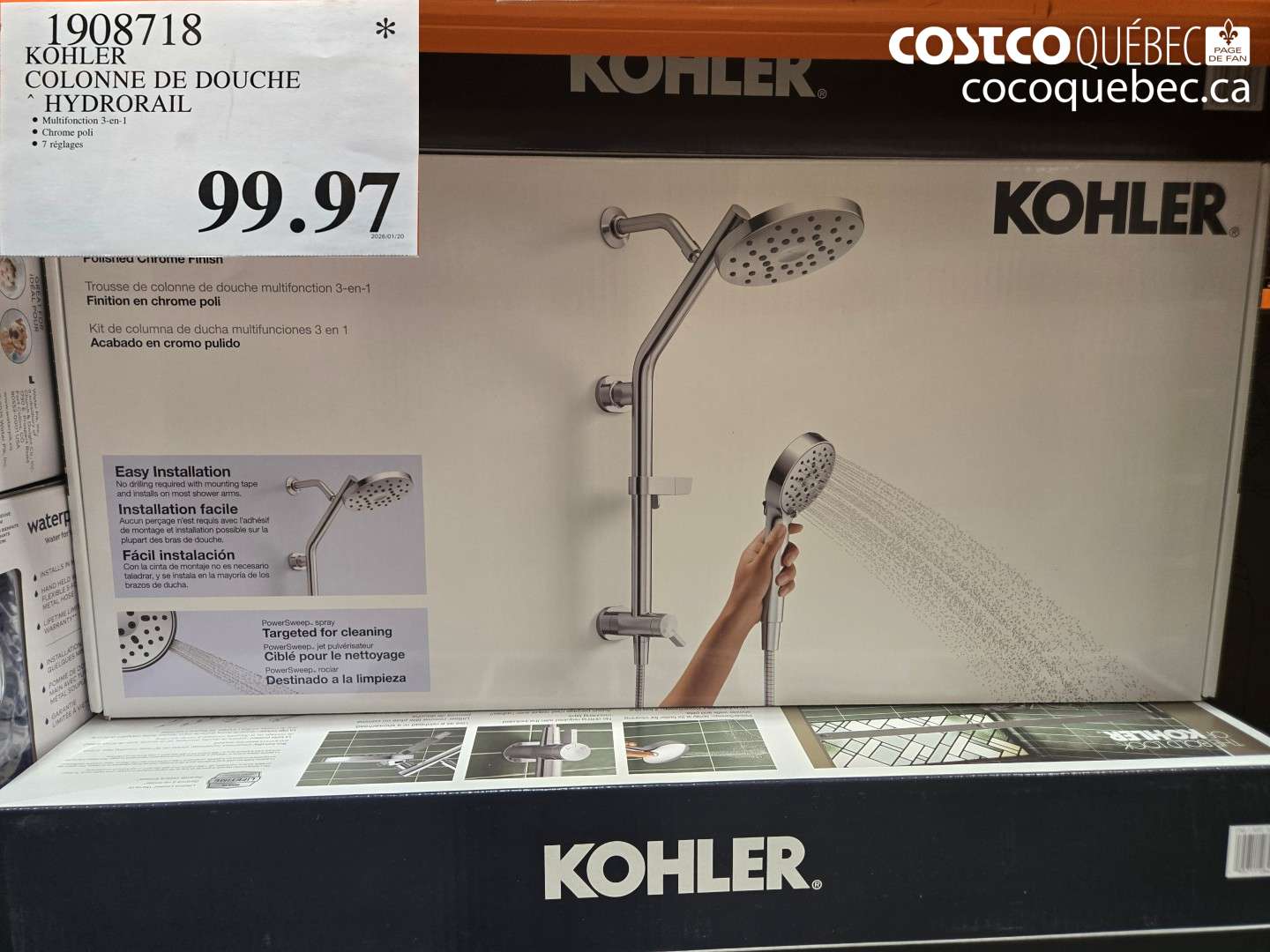 1908718 KOHLER COLONNE DE DOUCHE HYDRORAIL $99.97