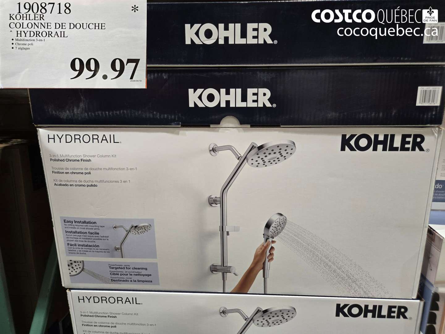 1908718 KOHLER COLONNE DE DOUCHE HYDRORAIL $99.97