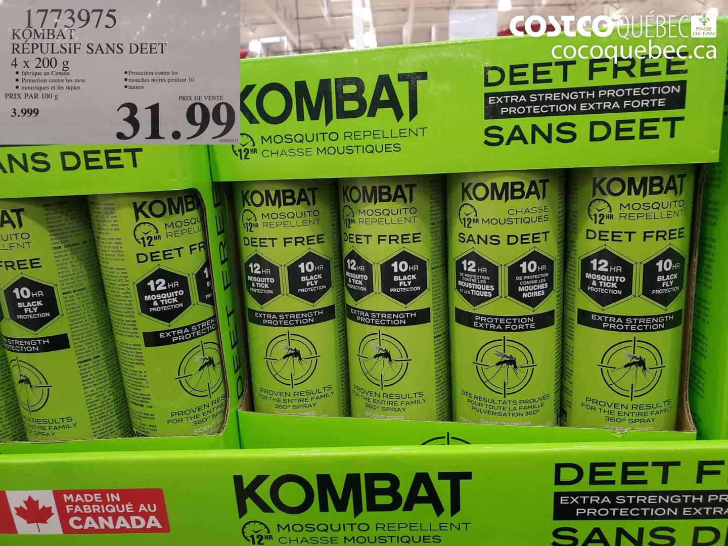 1773975 KOMBAT RÉPULSIF SANS DEET 4 X 200 G $31.99
