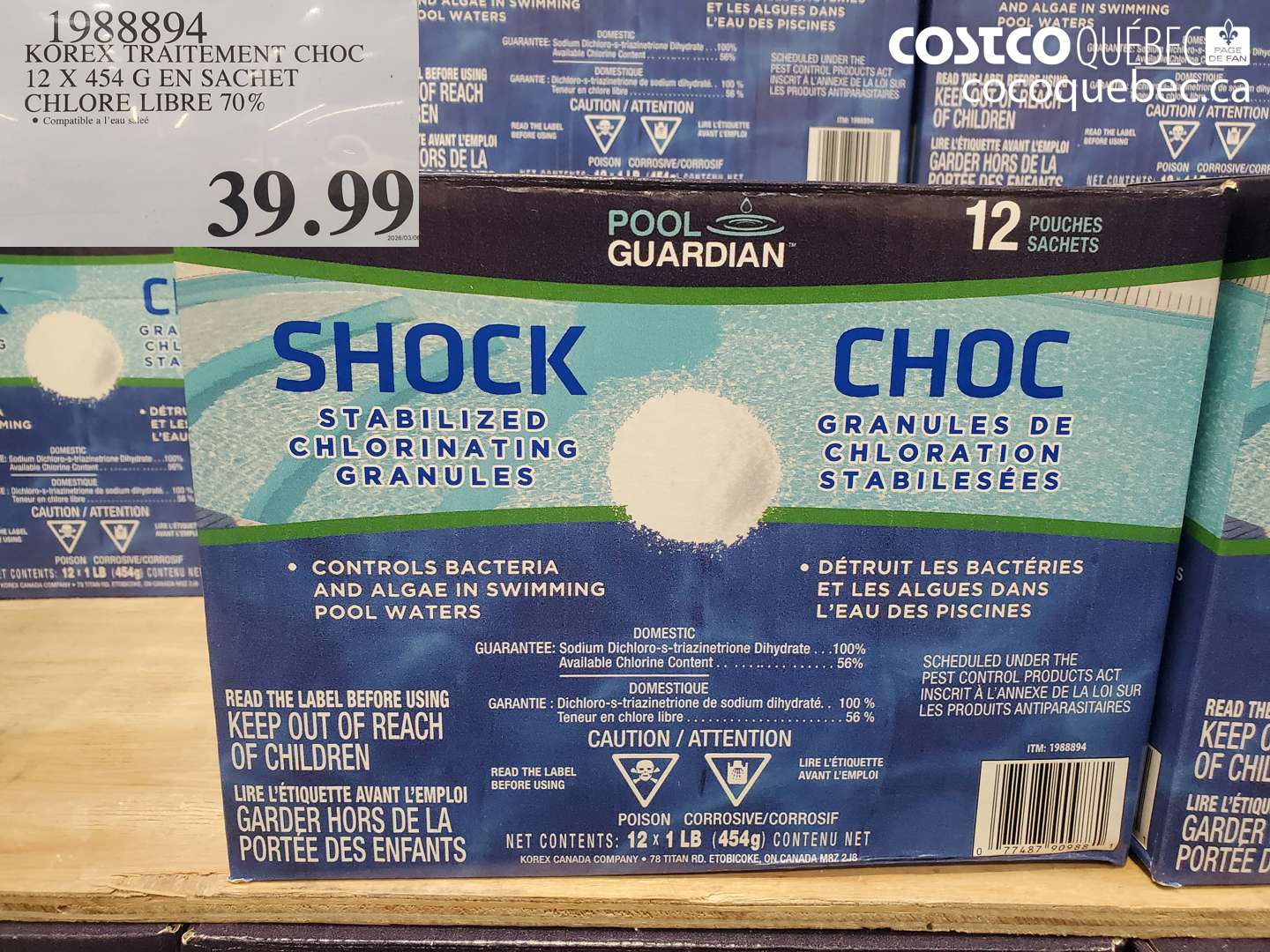 1988894 KOREX TRAITEMENT CHOC 12 X 454 G EN SACHET CHLORE LIBRE 70% $39.99