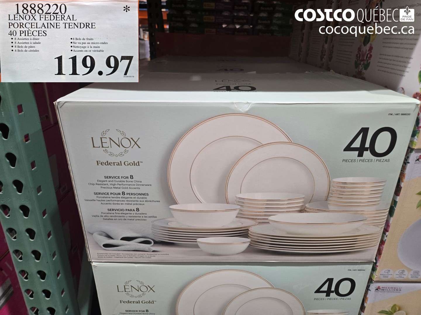 1888220 LENOX FEDERAL PORCELAINE TENDRE 40 PIECES $119.97