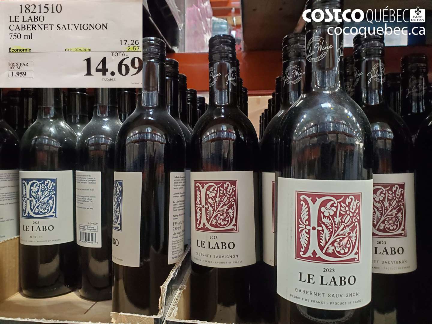 1821510 LE LABO CABERNET SAUVIGNON 750 ML ($2.57 INSTANT SAVINGS EXPIRES ON 2026-04-26) $14.69