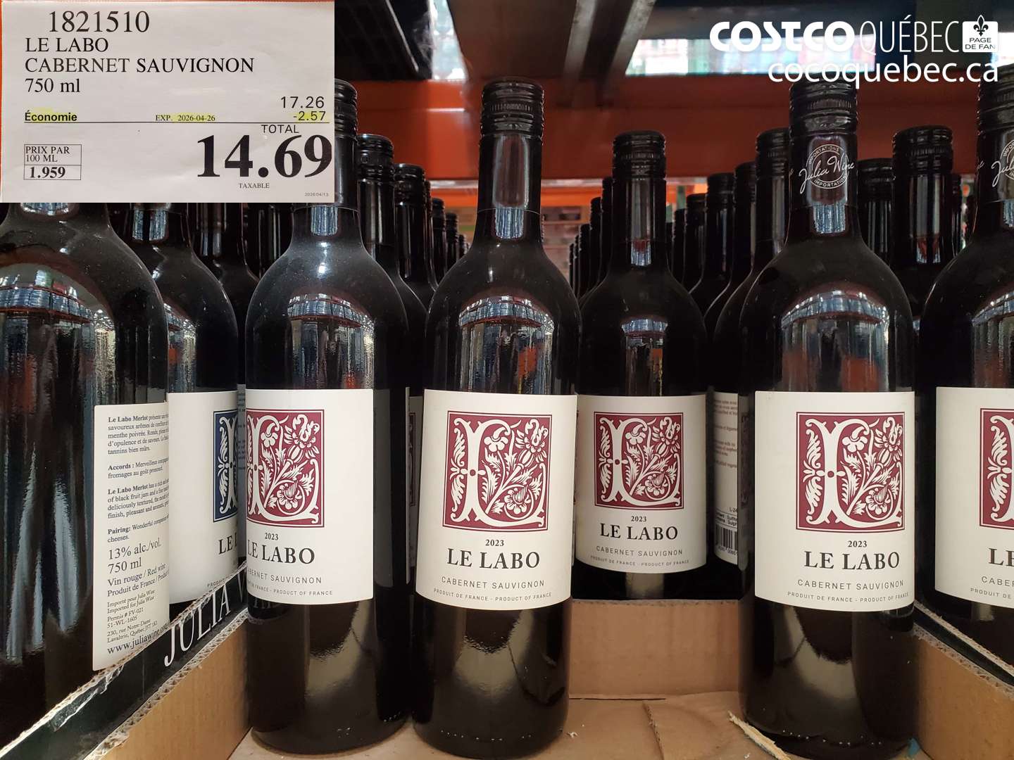 1821510 LE LABO CABERNET SAUVIGNON 750 ML ($2.57 INSTANT SAVINGS EXPIRES ON 2026-04-26) $14.69