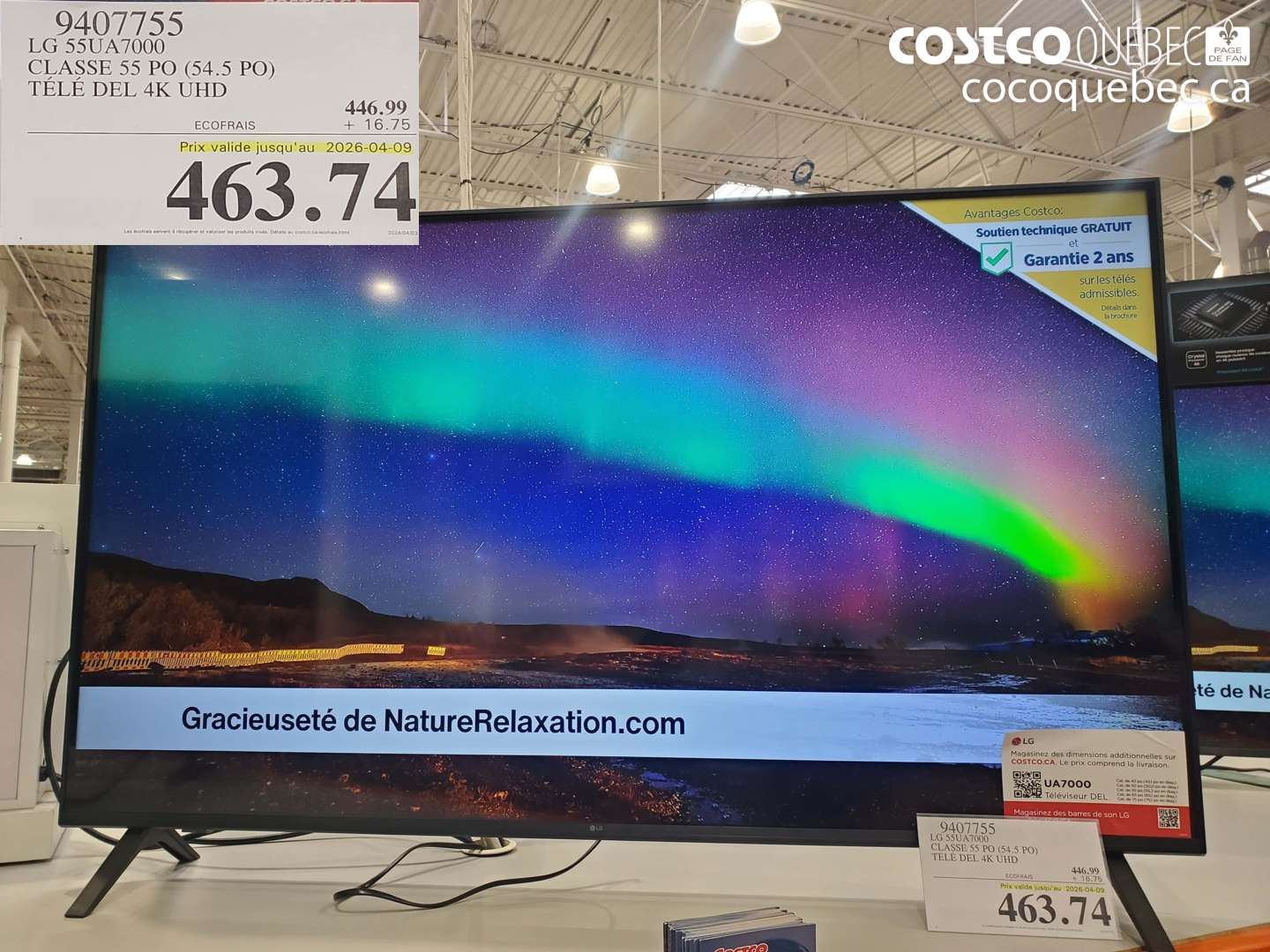 9407755 LG 55UA7000 CLASSE 55 PO (54.5 PO) TELE DEL 4K UHD (EXPIRES ON 2026-04-09) $463.74