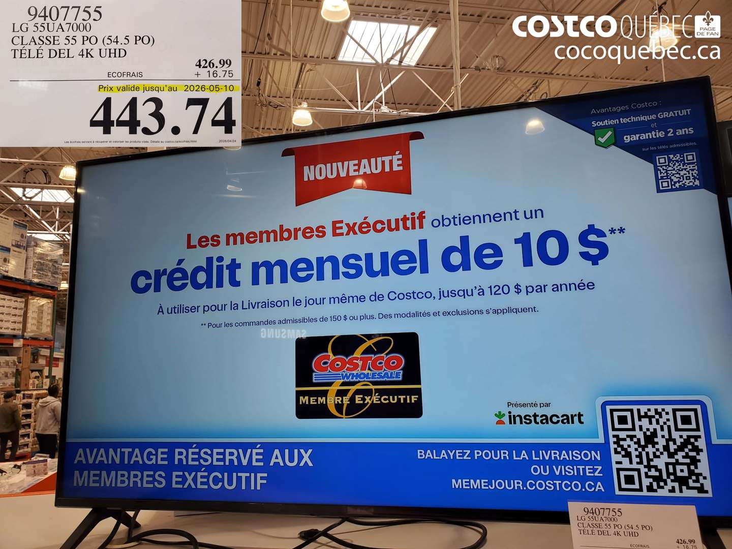 9407755 LG 55UA7000 CLASSE 55 PO (54.5 PO) TELE DEL 4K UHD (EXPIRES ON 2026-05-10) $443.74