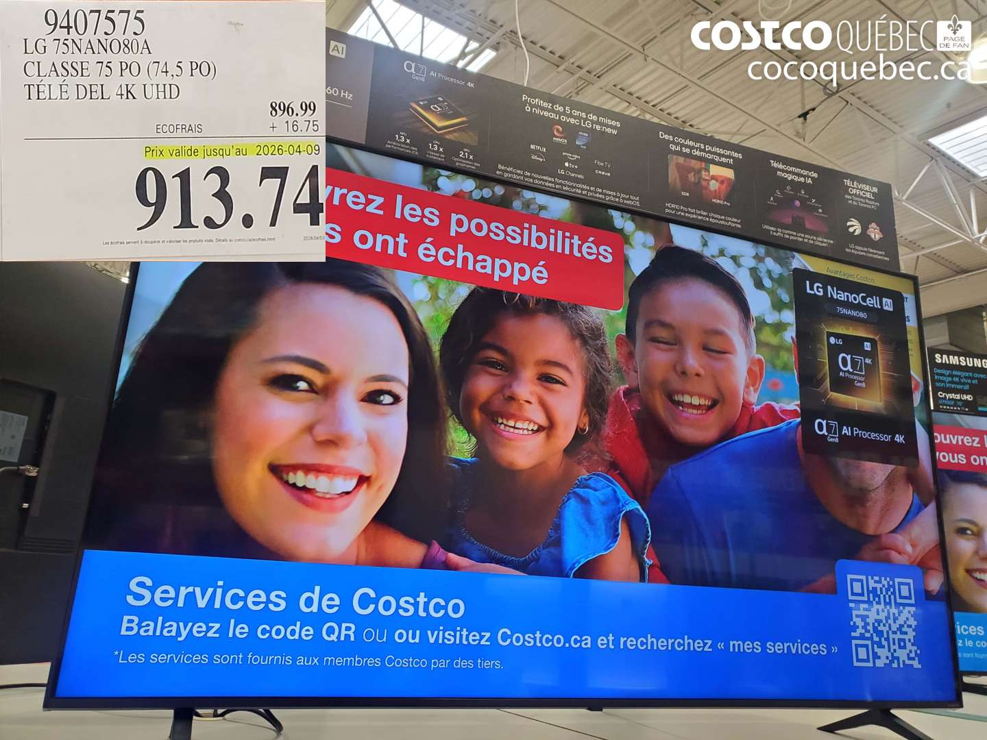 9407575 LG 75NANA080A CLASSE 75 PO (74,5 PO) TÉLÉ DEL 4K UHD (EXPIRES ON 2026-04-09) $913.74