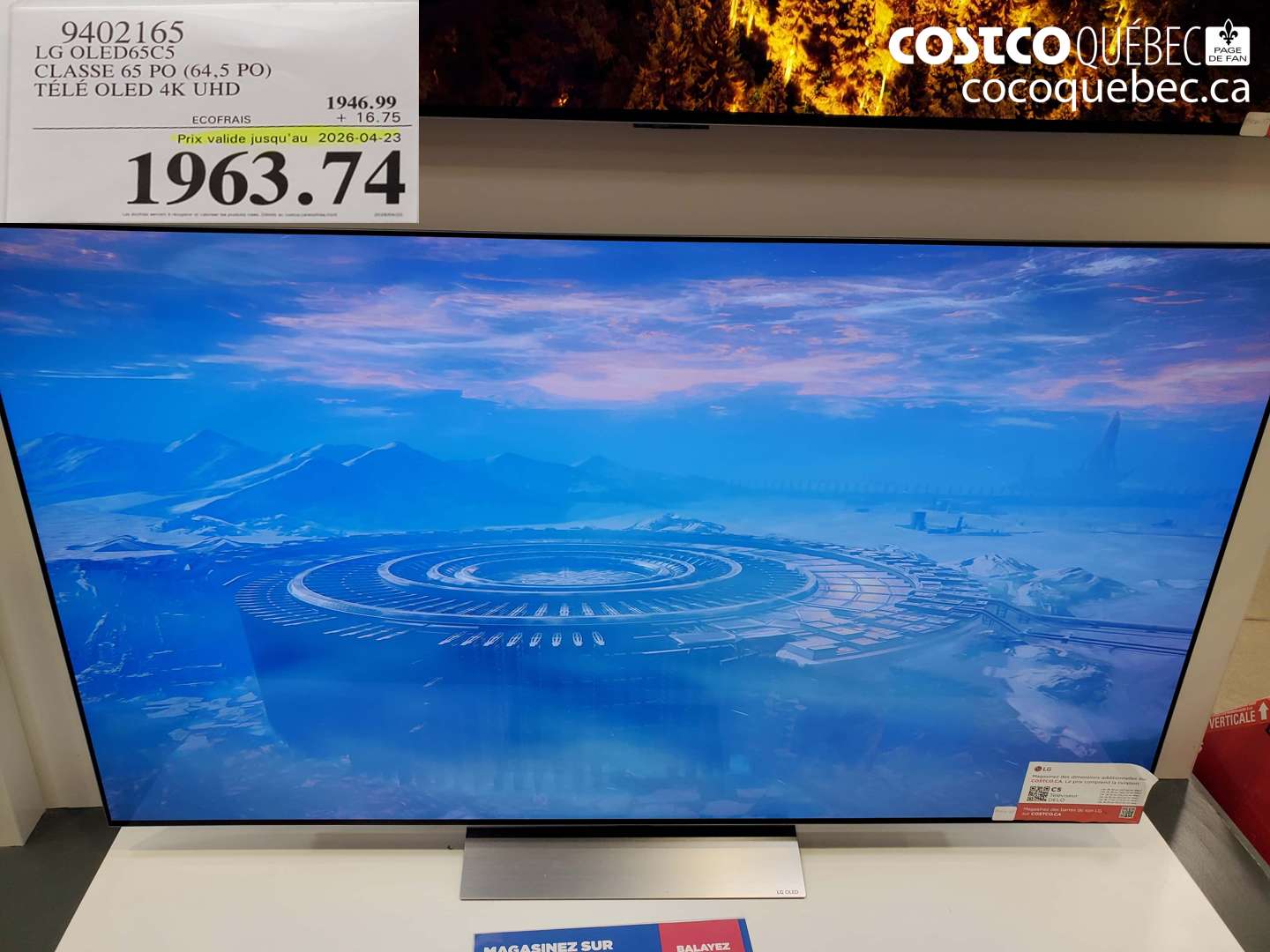 9402165 LG OLED65C5 CLASSE 65 PO (64,5 PO) TÉLÉ OLED 4K UHD (EXPIRES ON 2026-04-23) $1963.74