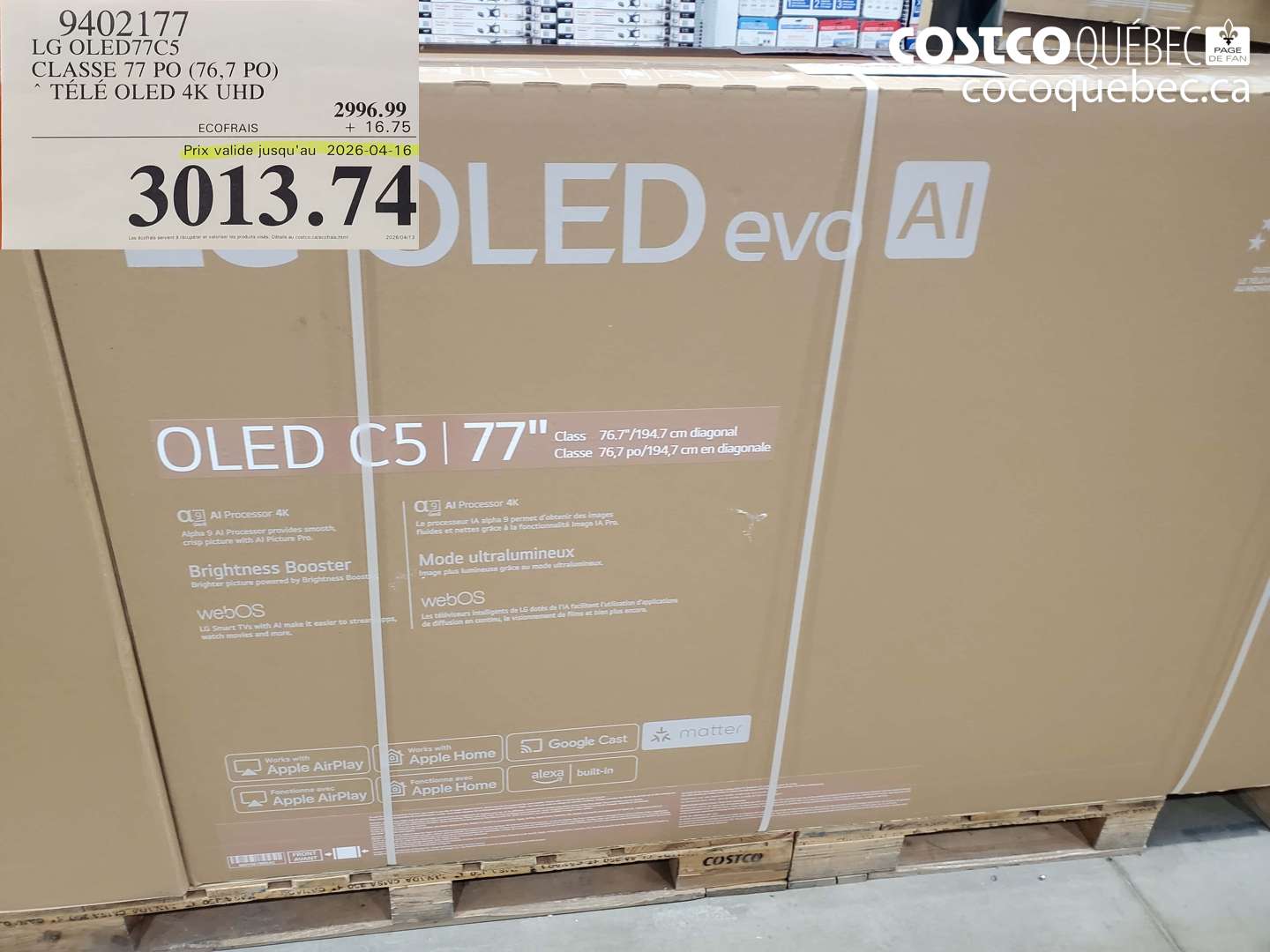 9402177 LG OLED77C5 CLASSE 77 PO (76,7 PO) TÉLÉ OLED 4K UHD (EXPIRES ON 2026-04-16) $3013.74