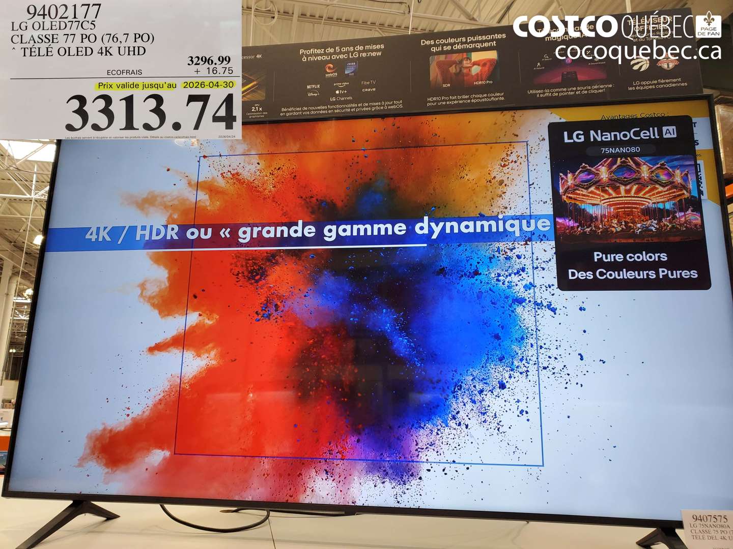 9402177 LG OLED77C5 CLASSÉ 77 PO (76,7 PO) TÉLÉ OLED 4K UHD (EXPIRES ON 2026-04-30) $3313.74