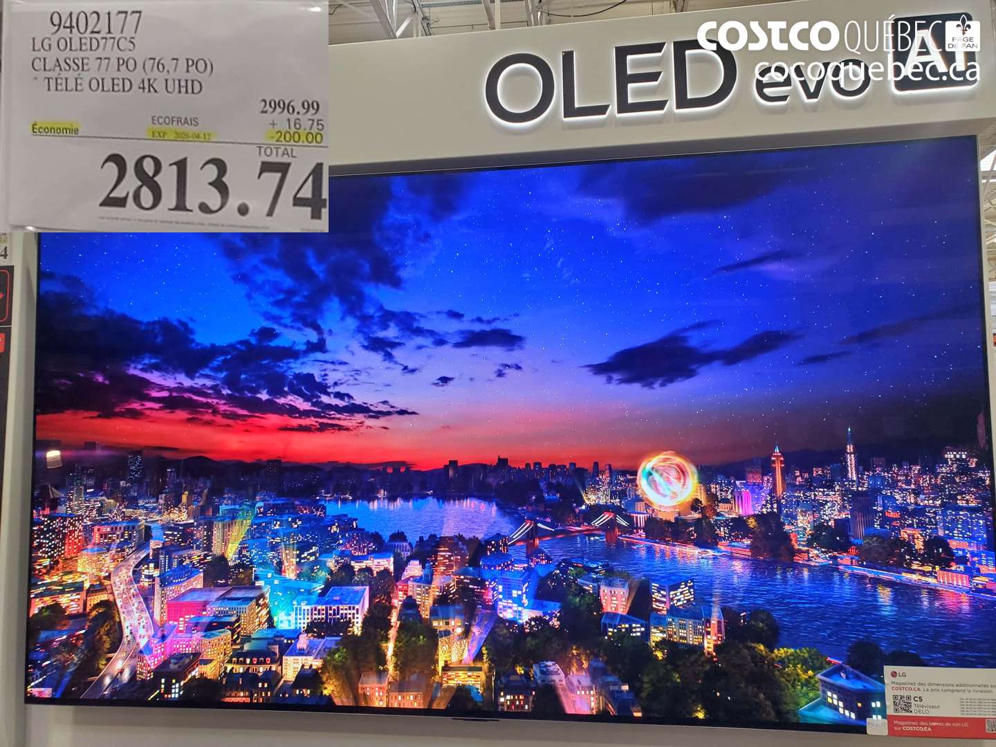9402177 LG OLED77C CLASSE 77 PO (76,7 PO) TELE OLED 4K UHD ($200.00 INSTANT SAVINGS EXPIRES ON 2025-04-12) $2813.74