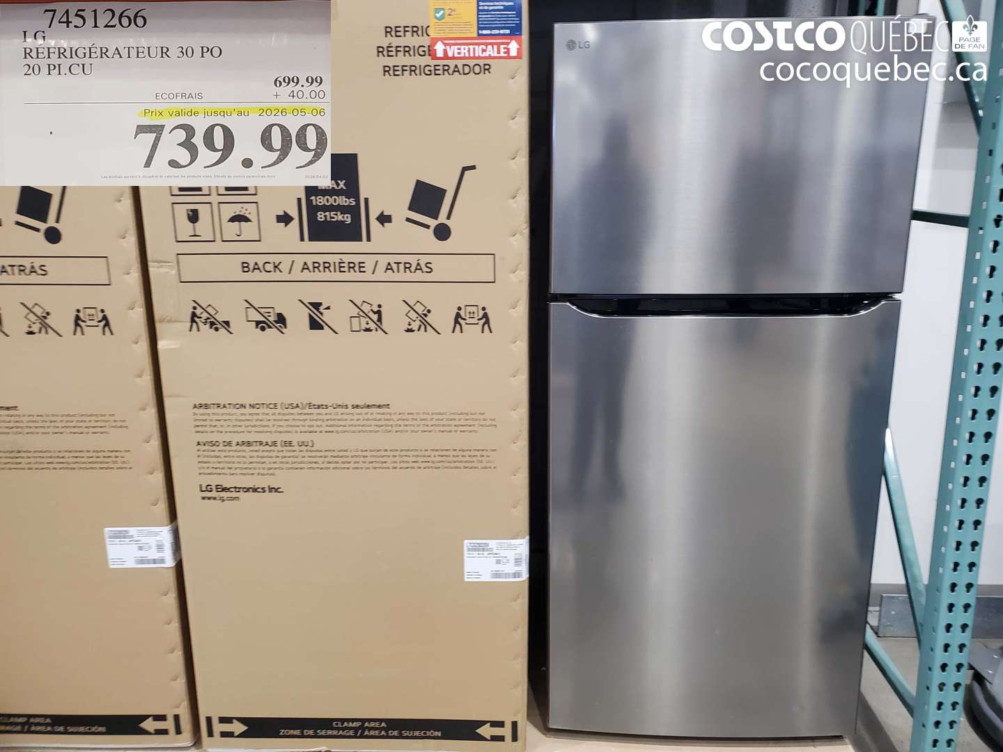 7451266 LG RÉFRIGÉRATEUR 30 PO 20 PI.CU (EXPIRES ON 2026-05-06) $739.99